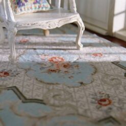 Victorian miniature rug with a floral medallion, soft blue background, and scrolls.