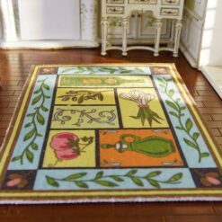 Mediterranean-style miniature rug with olive oil bottles, tomatoes, and vines.