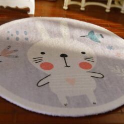 Cute Bunny Miniature Rug with Floral and Bird Accents 8 Miniature rug with a cute bunny, flowers, and a bird in pastel tones.