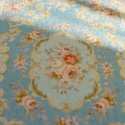 Victorian Miniature Rug - Soft Blue with Floral Medallion Design 11 Miniature Victorian rug in soft blue featuring a central floral medallion surrounded by scrollwork.