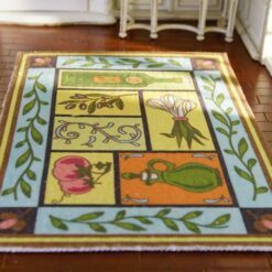 Mediterranean-style miniature rug with olive oil bottles, tomatoes, and vines.