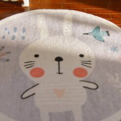 Cute Bunny Miniature Rug with Floral and Bird Accents 9 Miniature rug with a cute bunny, flowers, and a bird in pastel tones.