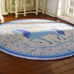 Miniature unicorn rug featuring a blue unicorn within a floral wreath.