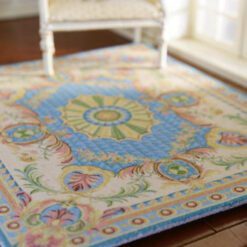Aubusson Style Miniature Rug - Blue and Yellow Floral Medallion Design 10 Aubusson style miniature rug with blue and yellow floral medallion design
