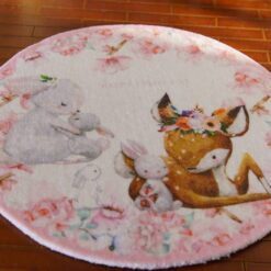 Cute Deer and Rabbit Babies Miniature Rug for Nursery 11 A soft, pastel-colored miniature rug featuring a deer and baby rabbits surrounded by flowers.