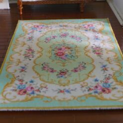 Victorian Style Miniature Rug - Soft Turquoise Floral Design 7 Victorian style miniature rug in turquoise with floral accents and ornate detailing