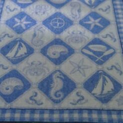Blue and white nautical themed miniature dollhouse rug with sea motifs Main Colors: Blue, white, cream