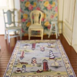 Coastal scene miniature dollhouse rug with lighthouses and sailboats