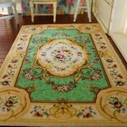 Miniature dollhouse rug in French Aubusson style with mint green background