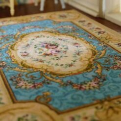 French Aubusson Miniature Dollhouse Rug in Powder Blue 11 Miniature dollhouse rug in French Aubusson style with powder blue background