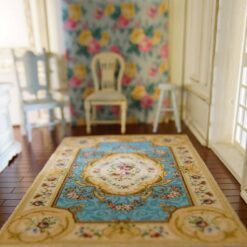 French Aubusson Miniature Dollhouse Rug in Powder Blue 12 Miniature dollhouse rug in French Aubusson style with powder blue background
