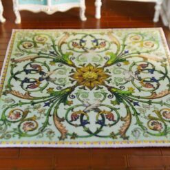 Green Sunflower and Birds Miniature Rug 9 Green miniature rug with sunflower medallion, birds, and swirling floral vines, perfect for nature-inspired dollhouses.