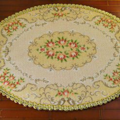 Aubusson miniature rug in oval shape with floral medallion and gold scrollwork