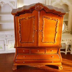 Mahogany Victorian wardrobe for dollhouses with intricate carvings