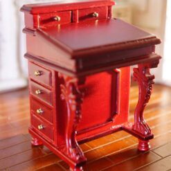 Baroque-style miniature writing desk with red gloss finish and intricate carvings