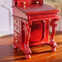 Baroque-style miniature writing desk with red gloss finish and intricate carvings