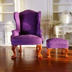 Victorian miniature wingback chair with purple upholstery and ottoman
