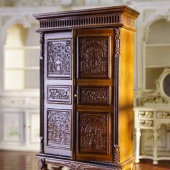 Victorian-style carved armoire in mahogany for dollhouse bedrooms.