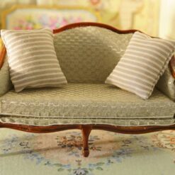 Victorian-style miniature sofa with natural wood and upholstered seating