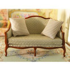 Victorian-style miniature sofa with natural wood and upholstered seating