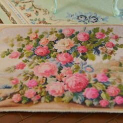 Floral Garden Scene 11 Miniature Aubusson tapestry with vibrant blooms in a lush green garden setting.