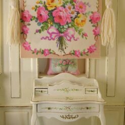 Bouquet of pink and yellow roses tied with a ribbon, a vibrant miniature Aubusson tapestry.