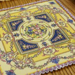 Miniature Rococo Victorian square rug in navy blue, gold, and beige