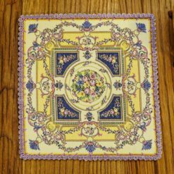 Miniature Rococo Victorian square rug in navy blue, gold, and beige