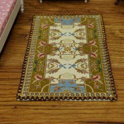 Miniature Aubusson rug with beige, brown, and blue tones and intricate design