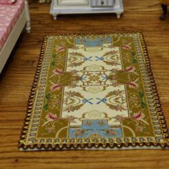 Miniature Aubusson rug with beige, brown, and blue tones and intricate design