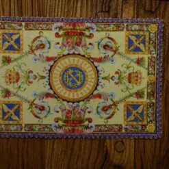 Royal Savonnerie Aubusson miniature rug with detailed floral and crest designs, perfect for dollhouses.
