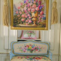 Urn of Roses in Garden 12 Lush floral arrangement in a golden urn surrounded by a garden scene and framed with gold, a miniature Aubusson tapestry.