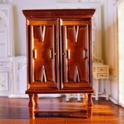 Vintage miniature walnut wardrobe with carved details