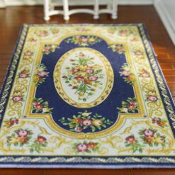 Navy floral Victorian rug with gold and floral accents