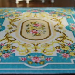 Blue Aubusson Rug with Floral and Scroll Motif for Dollhouses 10 Blue Aubusson rug with floral patterns and scroll designs