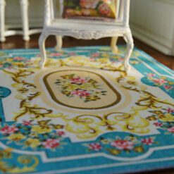 Blue Aubusson Rug with Floral and Scroll Motif for Dollhouses 12 Blue Aubusson rug with floral patterns and scroll designs