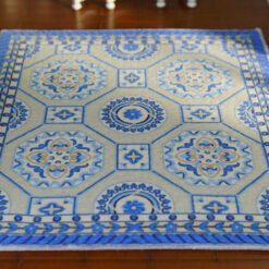 Blue and white Aubusson miniature rug with hexagonal floral patterns
