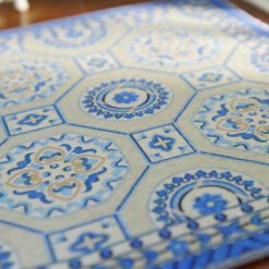 Blue and white Aubusson miniature rug with hexagonal floral patterns