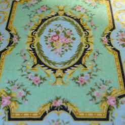 Light green Victorian floral rug with roses and ornate gold detailing