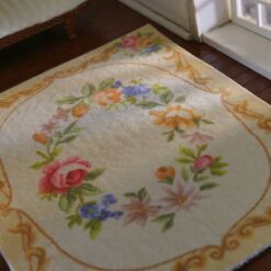 Victorian Rococo miniature rug with pink roses and gold swirls