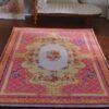 Victorian Rococo miniature rug with pink and aqua floral design
