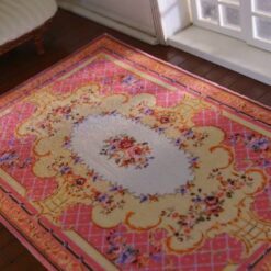 Victorian Rococo miniature rug with pink and aqua floral design