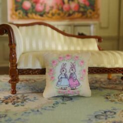 Vintage Rabbit Miniature Pillow 12 Miniature pillow pattern with rabbits in pastel dresses and pink rose frame