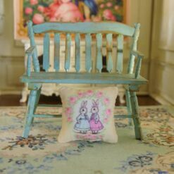 Vintage Rabbit Miniature Pillow 10 Miniature pillow pattern with rabbits in pastel dresses and pink rose frame