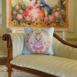 Miniature pillow with fairy piglet surrounded by roses and lavender