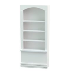 Slim miniature cabinet with four shelves in unpainted, white, and red finishes