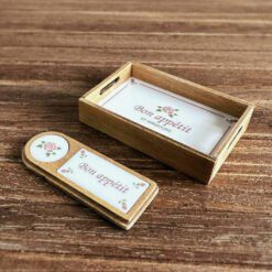 Miniature rose tray and plate set for dollhouses.