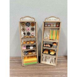 A miniature dollhouse bakery shelf kit with a detailed multi-tier design.
