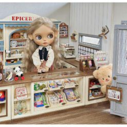 Double-sided dollhouse bar counter display cabinet with vintage drawers.