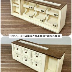 Double-sided dollhouse bar counter display cabinet with vintage drawers.